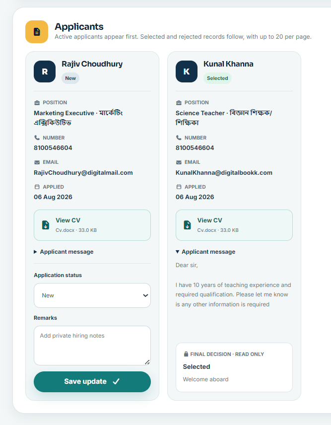 SiteControl applicant management cards showing CV access, application status, private remarks, and a selected final decision