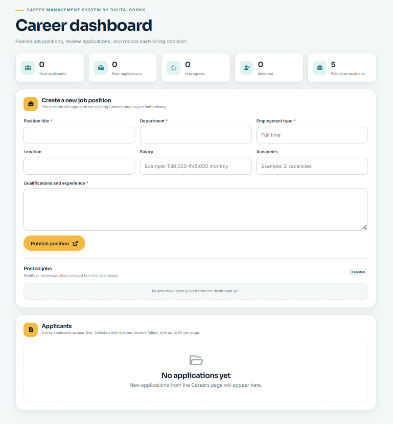 Digitalbookk Career dashboard showing job statistics, the new position form, posted jobs, and applicants