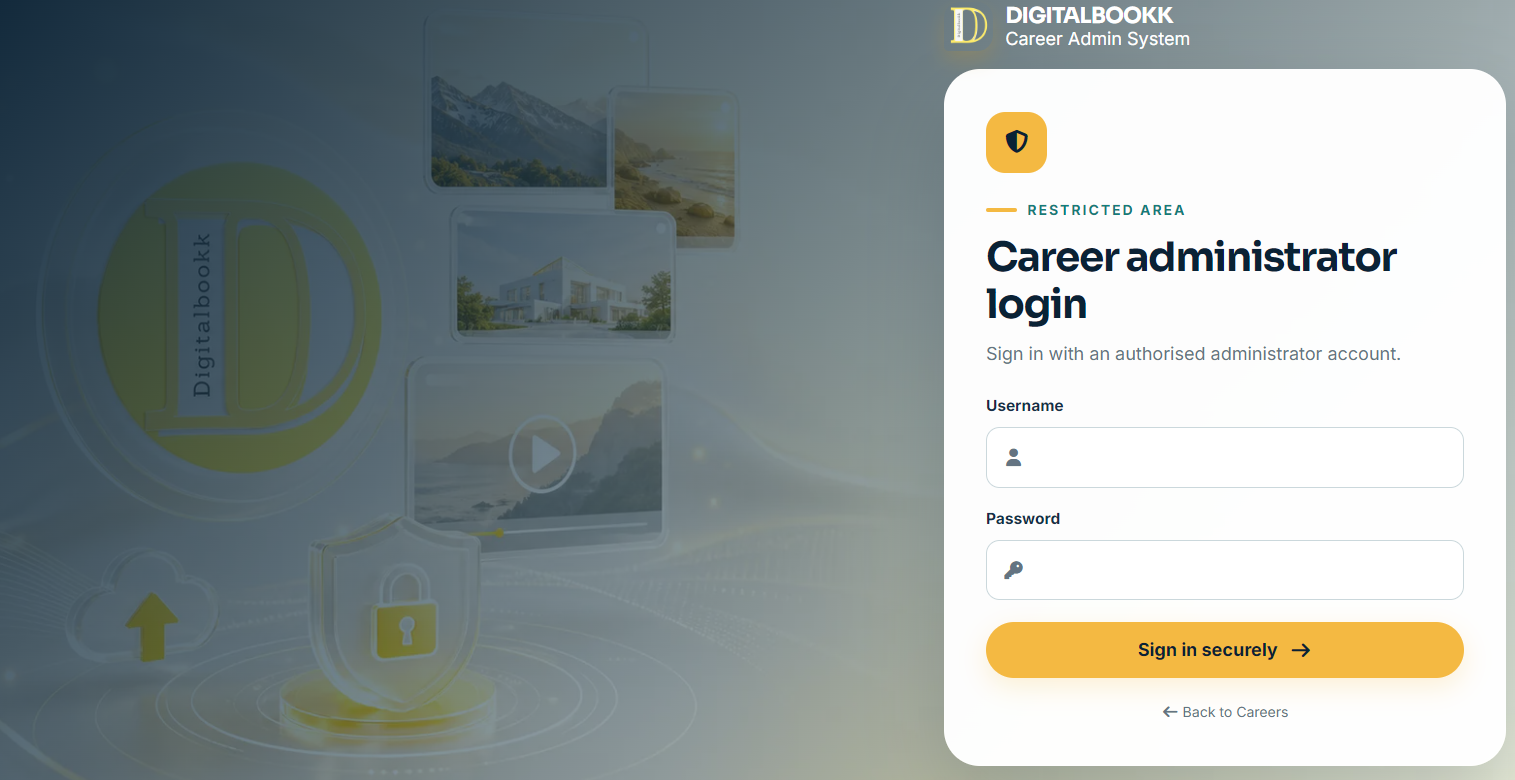 Digitalbookk Career administrator login page with username and password fields